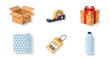 © jakkaphong - Vector icons for packaging and shipping. Includes a box, tape, gift, bubble wrap, product label, and bottle. Ideal for e-commerce, delivery, and logistics design