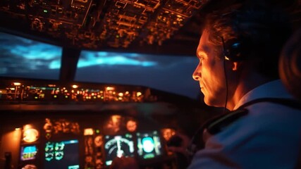 Pilot in cockpit at night with illuminated instruments and controls