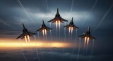 Squadron of five advanced fighter jets soaring through a turbulent sky at dawn with contrails