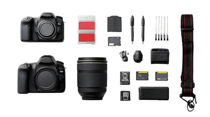 Digital camera and accessories kit isolated on transparent background