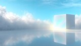 A serene, ethereal scene displays a large, iridescent cube situated atop a calm body of water, surrounded by fluffy clouds against a vibrant blue sky.