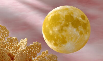 Wall Mural - The background is a soft blend of light gold and pale pink, with a gentle, luminous glow. In the center, a large translucent yellow moon shines with a crystal-clear