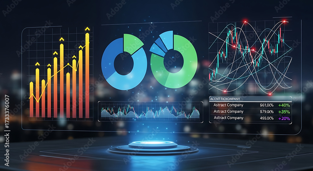 Digital financial dashboard with holographic pie and bar chart ...
