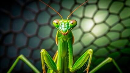 Close-up of a vibrant green praying mantis against a textured background highlighting its unique features