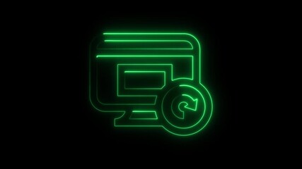 Green neon computer monitor icon with refresh symbol on black background screen reload