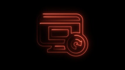 Orange neon computer monitor icon with refresh symbol on black background screen reload