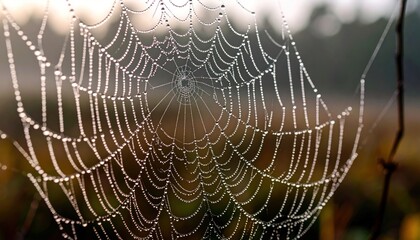 Dewcovered spider web with nature background, and morning light.