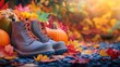 © tashechka - Warm autumn boots among colorful leaves and pumpkins in a cozy setting
