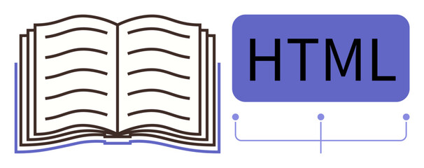 Open book beside HTML label with connection lines, symbolizing learning, web development, education, digital skills, coding, responsive design, and e-learning in a simple flat metaphor