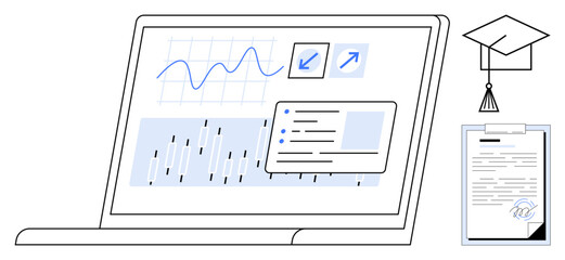 Wall Mural - Laptop displaying charts, analytics, and documents. Graduation cap and certificate beside. Ideal for education, skill building, certification, e-learning, analytics achievement digital tools