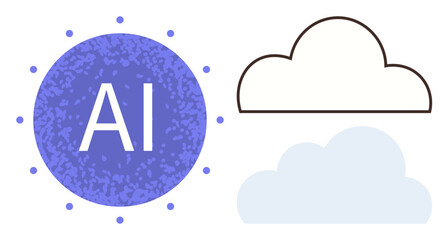 Purple AI sphere with stylized dots beside outlined and shaded cloud icons. Ideal for innovation, future technology, AI processes, data storage, cloud computing, digital transformation, simple flat