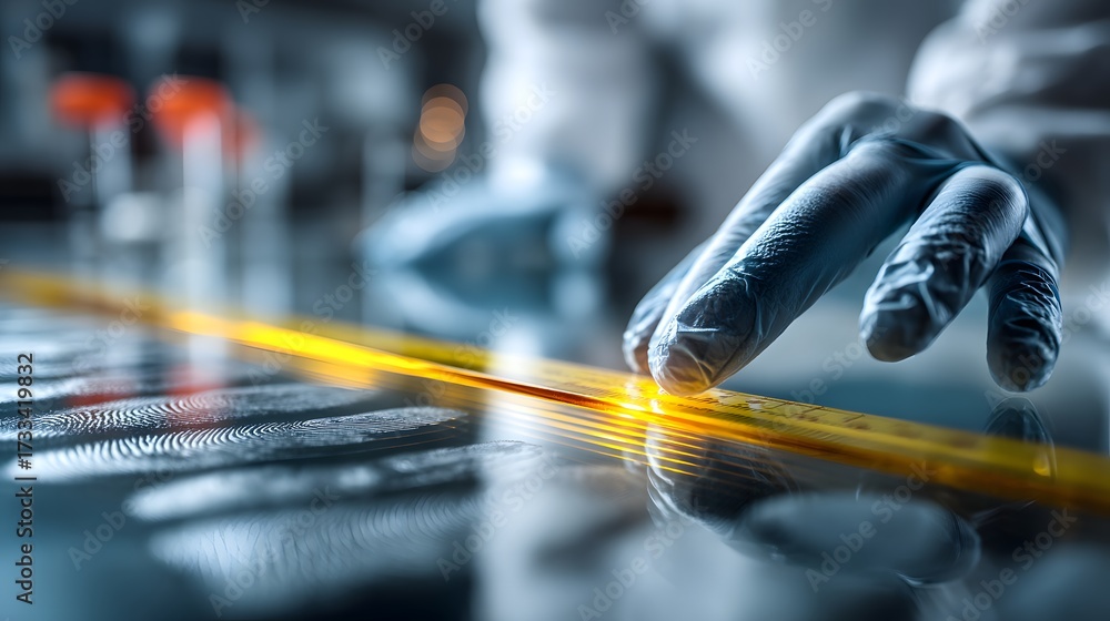 Forensics Yellow Ruler Examining Fingerprints with Ruler in Forensic Laboratory Setting Stock ...