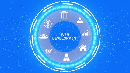 A Web Development concept button on a futuristic .Business, Technology and network concept. Animated Dynamic wave of color particles. Digital technology background random dot 4K.