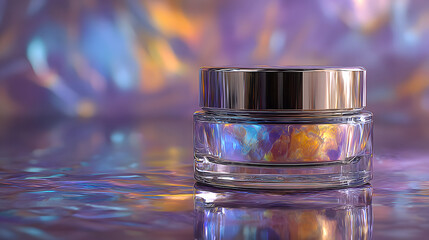 Iridescent Cosmetic Jar on Abstract Background