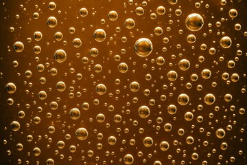 Wall Mural - Abstract golden bubbles rising in liquid with glowing light effect on dark amber background creating a vibrant texture and dynamic visual pattern. Ai generative