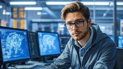 Young Professional in Data Center Working with Computer Screens and Global Maps