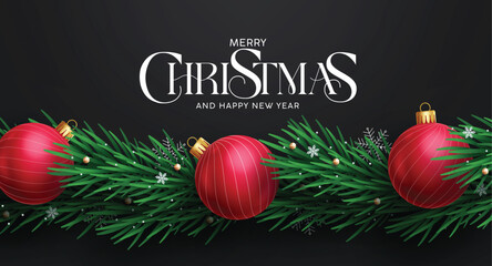 Wall Mural - Merry Christmas greeting card clipart banner. Christmas garland clip art design with red balls and spruce leaves decoration elements for holiday season black elegant banner vector illustration.
