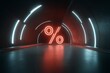 © Анна Мартьянова - Bright glowing percent symbol at the end of a futuristic neon-lit tunnel with reflections on the floor. Concept of finance, digital economy, innovation, technology and modern investment.