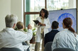 © DragonImages - Group of middle aged and senior doctors including Caucasian man and woman attending medical seminar, listening to young adult Black woman presenting brain research scan on digital screen