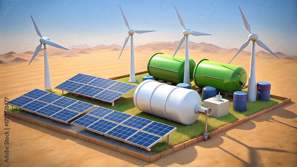 Wind Turbines Solar Panels And Hydrogen Gas Tanks Renewable Energy ...