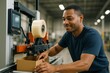 © Pixels Hunter - Smiling male worker operating packaging machine in modern warehouse with soft light and industrial background in creative industry concept. Ai generative