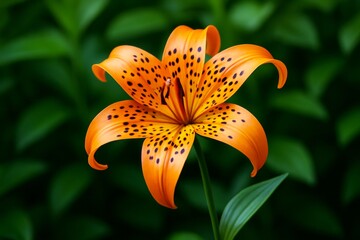 Wall Mural - Bright orange spotted tiger lily flower in full bloom with vivid curved petals on lush green background, showcasing botanical beauty and elegance. Ai generative