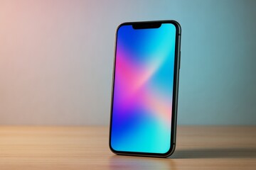 Wall Mural - Modern smartphone with glowing gradient screen on wooden surface and soft colorful background light, futuristic mobile technology concept. Ai generative