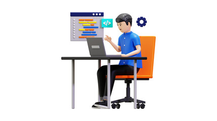 A 3D rendered image of a person coding on a laptop with a software interface.