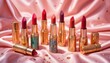 © Jiramet - Collection of elegant lipsticks with ornate casings resting on a luxurious pink satin fabric
