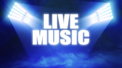 Wall Mural - Animated sports graphic with 'Live Music' text, with bright banks of floodlights shining dramatic volumetric light over a misty, atmospheric scene, in deep blue color palette