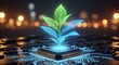 © designhunt - Digital holographic plant growing from a microchip on a blue circuit board. Concept of biotechnology, genetic engineering, and intelligent fusion of nature and future technology and data