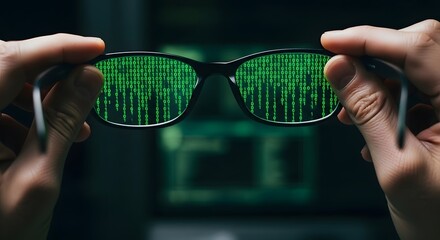 Hands holding eyeglasses showing a vision of glowing green binary code and data. Concept of cyber security, technology focus, digital privacy, and the human interface with information systems