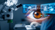 © Passionwith - High-tech laser eye surgery concept with a detailed human iris and futuristic digital interface display in a modern operating room.