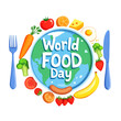 © ZahidaParveen - World Food Day cartoon Earth with fruits vegetables fork knife and text isolated on white background