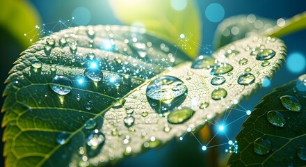 Digital nature and plant biotechnology research. Connected network for genetic analysis and environmental data. Glowing digital web structure overlaid on a wet green leaf with water drops