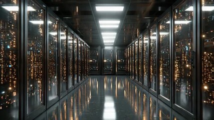 Wall Mural - Ultra HD Camera slowly moving in data center video, illuminated server room with rows of rack servers for data processing video