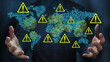 © tadamichi - Geopolitical risks and instability in international relations. Assessing the impact of international conflict and trade war. Business person holding a world map and warning triangle icons.