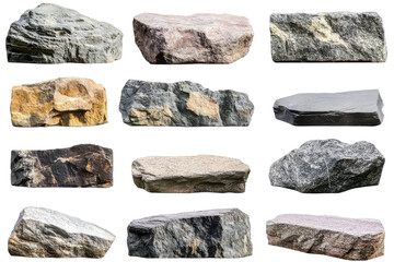 Collection of rough natural stone rocks isolated on transparent background. Collection set of flat rocks stone podium for display product isolated on white background.
