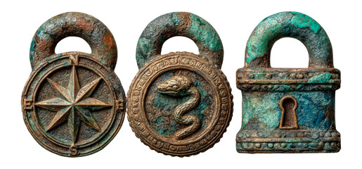 Vintage Decorative Padlocks with Unique Designs and Patina Finish
