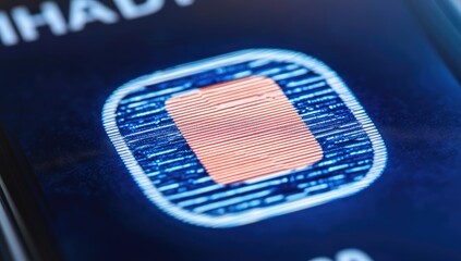 Illuminated orange button with circuit lines on a blue screen