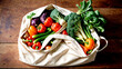 © Garry Sanders - Vibrant, fresh vegetables overflowing from a reusable cloth bag on a rustic wooden surface, symbolizing healthy eating and sustainable living.