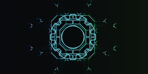 A futuristic, geometric design featuring a central circular element and surrounding abstract shapes.