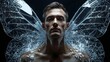 © NovaVisions - A striking portrait of a man with large, intricate butterfly wings composed of shimmering, shattered glass fragments.