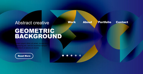 Wall Mural - Abstract website header design. Geometric shapes, vibrant colors, text overlay, navigation menu, dark background. Modern, creative presentation.