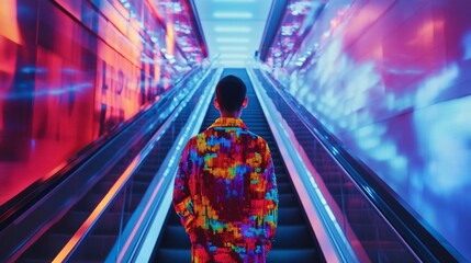 Wall Mural - a vibrant figure ascends an illuminated escalator. the colorful backdrop creates a striking contrast