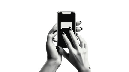 Monochrome Mobile Communication: Hands Touching Smartphone with Message Icon Against a Black Background