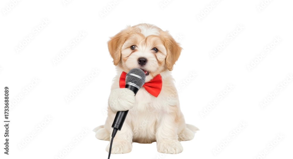Cute Fluffy Puppy Wearing Red Bow Tie Holding Microphone isolated PNG ...