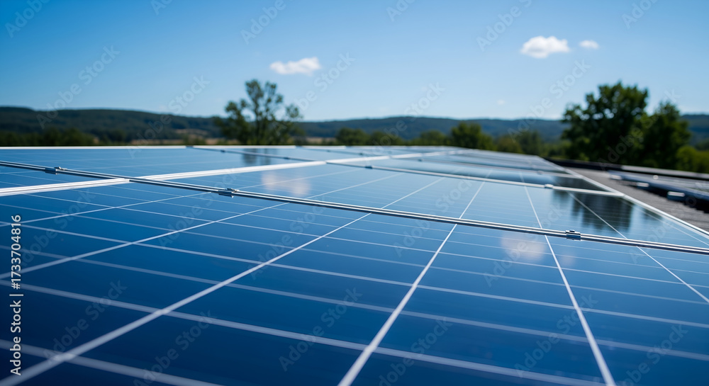 Rooftop solar panel array reflecting a clear blue sky, generating clean ...