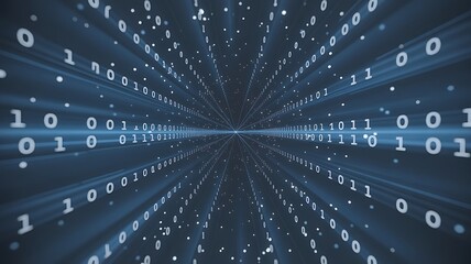 Digital data stream of binary code flowing into a central point technology abstract