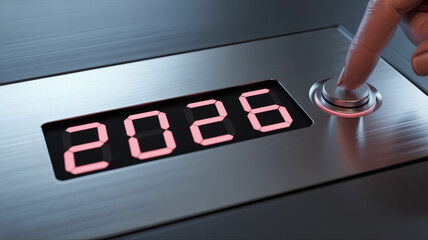 Close up of digital display showing 2026 with finger pressing button futuristic technology modern countdown concept